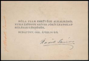 1931 Hadik János (1863-1933) kijelölt miniszterelnök aláírása fia, Béla (1905-1971) esküvői meghívóján