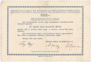 Budapest 1923. Kékkuti Gyógy- és Ásványvíz Részvénytársaság részvényutalvány 25.000K-ról T:II-,III fo.