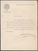 1938 Konkoly-Thege Gyula (1876-1942) KSH-elnök sajátkezű aláírása gépelt köszönőlevelén
