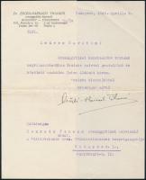 1935 Erődi-Harrach Tihamér (1885-1947) országgyűlési képviselő, kormányfőtanácsos gépelt gratulálólevele Hunyady Ferenc (1874-?) részére képviselői kinevezése alkalmából, fejléces papíron, sajátkezű aláírásával