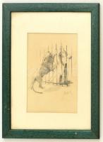 Myrbach jelzéssel: Ájulás az oroszán ketrec előtt. Ceruza, papír, üvegezett keretben, 21×14 cm