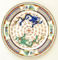 Kínai porcelán tányér, sárkányos díszítéssel, kézzel festett, jelzett, hibátlan, d: 25 cm