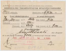 Abádszalók 1936-1941. 8db kitöltött váltó, mindegyik bélyegekkel és bélyegzéssel T:II,II-,III