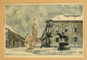 Blahos Rudolf (1917-1986): Mátyás templom. Színes rézkarc, papír, jelzett, 27×40 cm