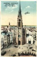 Újvidék, Novi Sad; Római katolikus templom repülőgéppel / church with airplane + 1941 Újvidék visszatért So. Stpl. (Rb)