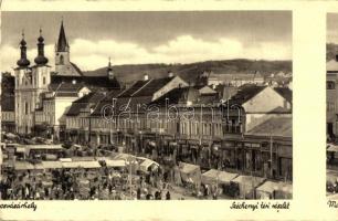 Marosvásárhely, Targu Mures; Széchenyi tér, piac, üzletek. Tévesen vágott, érdekes lap! / square, market, shops. Incorrectly cut, interesting postcard!