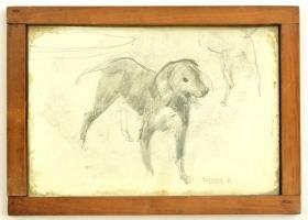 Heyer jelzéssel: Kutya (vázlat). Ceruza, papír, üvegezett keretben, 18×25 cm