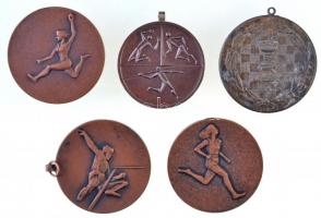 5db-os vegyes modern sportérem tétel, közte 1952. "Üzem Bajnokság Előre SE / II. II. cs." fém sakk díjérem füllel, 1992. "Szamosz Veterán BO" Br sportérem füllel T:2 fülnyom, patina