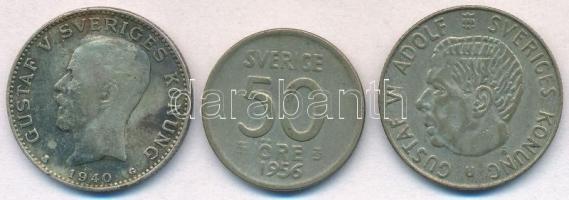 Svédország 1940G 1K Ag "V. Gusztáv" + 1956TS 50ö Ag + 1966U 1K Ag "VI. Gusztáv" T:2- Sweden 1940G 1 Krona Ag "Gustaf V" + 1956TS 50 Ore Ag + 1966U 1 Krona Ag "Gustaf VI" C:VF