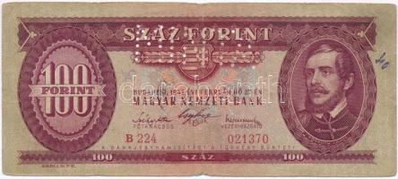 1947. 100Ft "B 224 - 021370" sorozat és sorszámmal illetve "MINTA" perforációval T:III- Hungary 1947. 100 Forint with "B 224 - 021370" serial number and with "MINTA(SPECIMEN)" perforation C:VG
