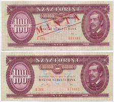 1989. 100Ft "B000 000808" sorozat és sorszámmal illetve piros "MINTA" felülnyomással és perforációval + 1989. 100Ft T:I Hungary 1989. 100 Forint with "B000 000808" serial number and with red "MINTA(SPECIMEN)" overprint and perforation + 1989. 100 Forint C:UNC Adamo F36Ma,F36