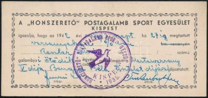 1942 A Honszerető Postagalamb Sport Egyesület Kispest igazolása