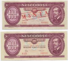 1984. 100Ft "B000 000981" sorozat és sorszámmal illetve piros "MINTA" felülnyomással és perforációval + 1984. 100Ft vágáshibás, nagyobb méretű bankjegy (168x72mm) T:I  Hungary 1984. 100 Forint with "B000 000981" serial number and with red "MINTA(SPECIMEN)" overprint and perforation + 1984. 100 Forint, cutting error, larger banknote (168x72mm) C:UNC Adamo  F35Ma,F35