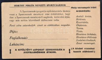 cca 1941 A Horthy Miklós Nemzeti Sportcsarnok nyilvántartásba vételi lapja, kitöltetlen
