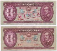 1968. 100Ft "B000 000989" sorozat és sorszámmal illetve piros "MINTA" felülnyomással és perforációval, nyomdai papírránccal + 1968. 100Ft piros festékfoltok T:I / Hungary 1968. 100 Forint with "B000 000989" serial number and with red "MINTA(SPECIMEN)" overprint and perforation and printig creases + 1968. 100 Forint red paint stains C:UNC Adamo F32Ma,F32