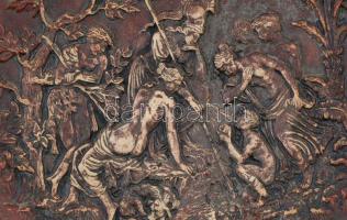 cca 1900 Jelzett (JM ?) mitológiai jelenetes kerámia falitányér, máz kopással, alján kis lepattanáss...