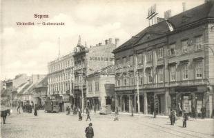 Sopron, Várkerület, Róth Simon, Dürböck szobafestő, Lederer Testvérek üzletei, villamos. Breuer D. kiadása / Grabenrunde