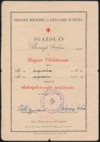 cca 1945-1951 Magyar Vöröskereszt elsősegély nyújtó tanfolyam elvégzéséről szóló igazolás + hadifogolynak küldött vöröskeresztes levelezőlap