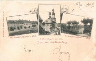 1898 Sopron, Ó-Sopron, Alt-Oedenburg; Alte Cavallerie Kaserne, S. Johannis Capelle, Alte Sandgruben-Bastei / lovassági laktanya, kápolna, bástya. floral Art Novueau, Kummert N. Lajos kiadása (r)