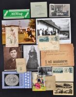 cca 1939-1968 Vegyes tétel, fotók, képeslapok, nyomtatványok (Magyar Labdarúgók Szövetsége téli munkaterv, Kiskunhalas, katonai fotó, stb.), 17 db