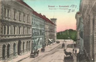 Brassó, Kronstadt, Brasov; Kapu utca, A. Seewaldt üzlete, Kertsch villa / Purzengasse / street view, shops, villa