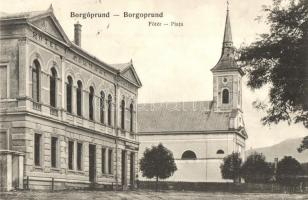 Borgóprund, Prundu Bargaului; Fő tér, Városi szálloda, templom. Sajovics Izidor kiadása / main square, hotel, church