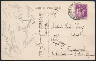 1937 A Ferencváros (FTC) labdarúgóinak aláírása, többek közt Sárosi György (1912-1993) Toldi Géza (1909-1985) és Kemény Tibor (1913-1992), Táncos Mihály (1905-1993) aláírásaival, Párizsból küldött képeslapon / 1937 Signed postcard of the FTC from Paris