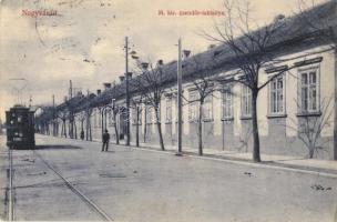 Nagyvárad, Oradea; M. kir. csendőrlaktanya, villamos. Vidor Manó kiadása / gendarme barracks, tram (EK)
