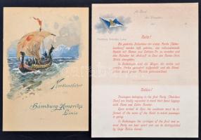 1906 A Hamburg Amerika line hajótársaság rajzos étlapja + nyomtatványa / Lithographic menu of the steamer Hamburg Amerika line