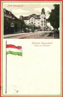 Temesvár, Timisoara; Jenő herceg tér. Magyar zászlós keret, Moravetz Testvérek kiadása / square, Hungarian flag decorated frame (EK)