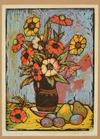 Réti Mátyás (1922-2002): Legényvirág, színezett linó, karton, jelzett, 34×25 cm