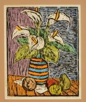 Réti Mátyás (1922-2002): Kálavirág, színezett linó, karton, jelzett, 33×26 cm