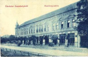 Zsombolya, Jimbolia; Muschong Palota, Ifj. Keks kárpitos üzlete. W. L. 427. / palace, shops (EK)