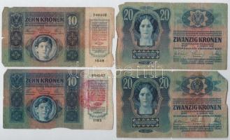 1913. 20K (2x) + 1915. 10K (2x) mindegyik piros "MAGYARORSZÁG" körbélyegzővel T:III,III-