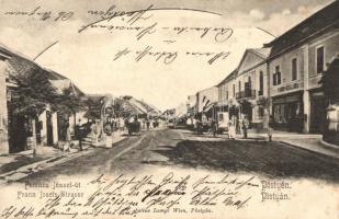 Pöstyén, Piestany; Ferenc József út, Fürdő szálloda. Julius Lampl kiadása / Franz Josefs Strasse / street view, hotel (EK)