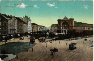 Budapest VII. Keleti pályaudvar, Baross szobor, villamosok, Hotel Arany Sas szálloda (EK)