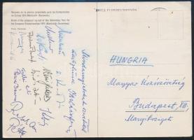 1970 A magyar vízilabda válogatott tagjainak aláírása (Pócsik Dénes, Mayer Mihály, Rusorán Péter) a barcelonai EB-ről küldött képeslapon
