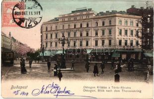Budapest VI. Oktogon, Teréz körút, Café Abbázia kávéház, villamos, bőrönd üzlet. D. T. C. L. TCV card (EM)
