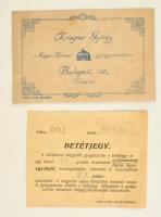 1921 Bp. VIII., Kriegner György Magyar Korona gyógyszertárának receptborítékja és tégely betétjegye