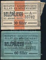 cca 1930 Budapest Székesfővárosi Állat- és Növénykert 2 db belépőjegye (30 és 60 f) felnőtt és gyerek részére