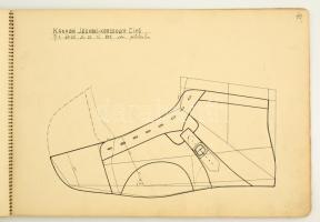 1938 Cipőszakrajzok (vázlatfüzetben), kb 60 db tus rajzzal, 29×42 cm (50×)