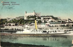 Pozsony, Pressburg, Bratislava; Várhegy, gőzhajó, vár / Schlossberg / castle, steamship (EB)