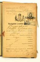 1889 Kitöltött cselédkönyv, okmánybélyeggel, 2 db ajánlólevéllel, Gróf Károlyi Sándorné és Gróf Károlyi Gáborné bejegyzéseivel, első és hátsó borítója elvált