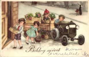 Boldog újévet! / New Year greeting card with tractor and children. HWB Ser. 5339. (EK)
