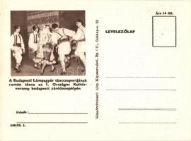 3 db MODERN szocialista levelezőlap: Sztálin Vasmű építőinek tánccsoportja, Budapesti Lámpagyár táncsoportja, Kovács Lajos hídépítő / 3 MODERN Hungarian socialist postcards