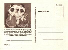 3 db MODERN szocialista levelezőlap: Sztálin Vasmű építőinek tánccsoportja, Budapesti Lámpagyár tánc...