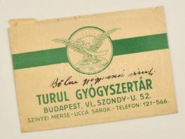 A Turul Gyógyszertár Budapest receptborítékja, belsejében receptlapra írt üzenettel