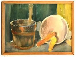 Márffy jelzéssel: Kukoricás csendélet. Akvarell, papír, üvegezett keretben, 27×50 cm