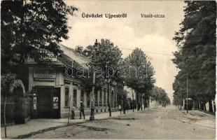 Budapest XV. Rákospalota-Újpest, Vasút utca, Horváth Imre nagyvendéglője, villamos. Weisz Berthold kiadása (fa)