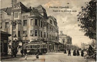 Budapest IV. Újpest, Árpád út és István út sarok, villamos, cukrászta, gyógyszertár, cipő üzlet. Salgó kiadása (EK)